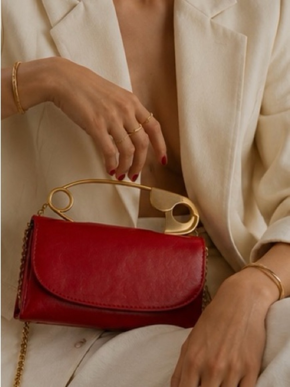 Luxury Red Leather Safety Pin Handbag Gold Chain Crossbody Purse